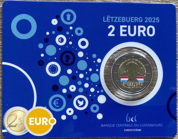 2 euro Luxemburg 2025 - 25 jaar troonsbestijging Henri BU FDC Coincard KNM Muntteken gekleurd