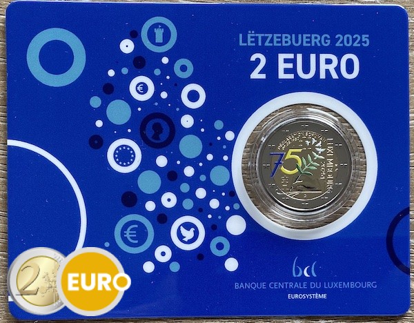 2 euro Luxemburg 2025 - 75 jaar Schumanverklaring BU FDC Coincard KNM Muntteken gekleurd