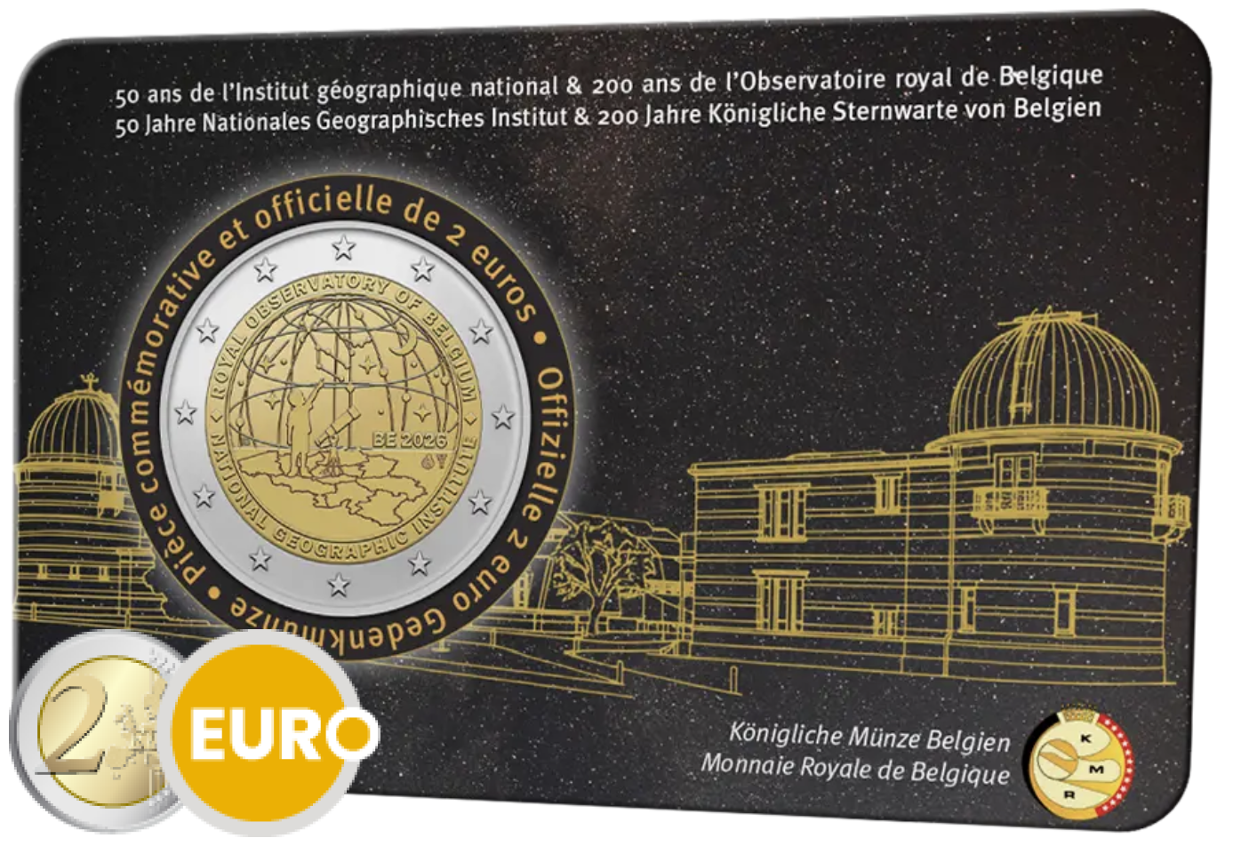 2 euro België 2026 - Nationaal Geografisch Instituut en Koninklijke Sterrenwacht BU FDC Coincard FR